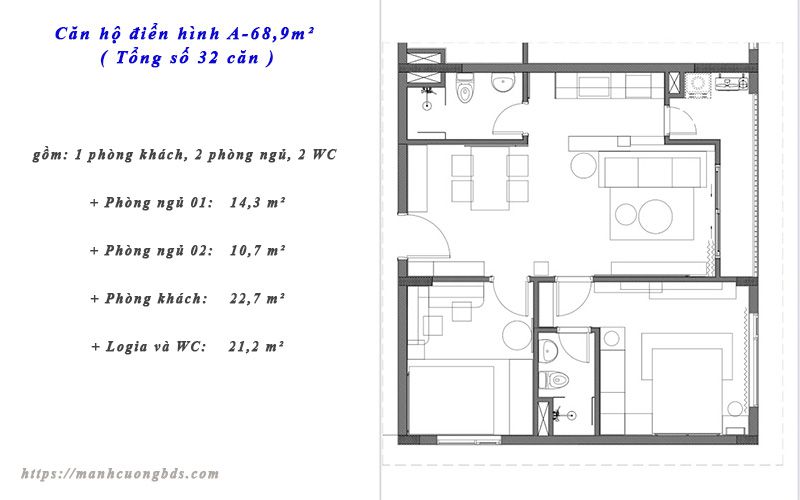 Thiết kế nhà ở xã hội căn hộ 68m2