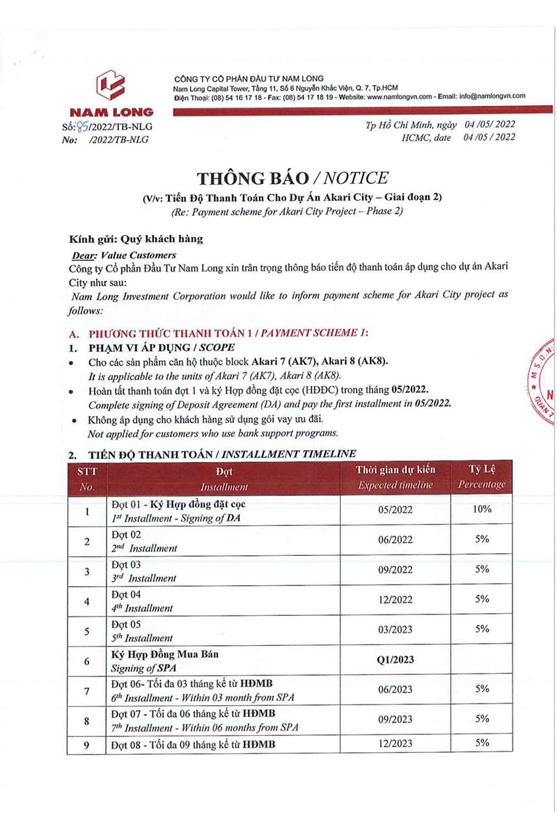 tiến độ thanh toán dự án Akari City Nam Long