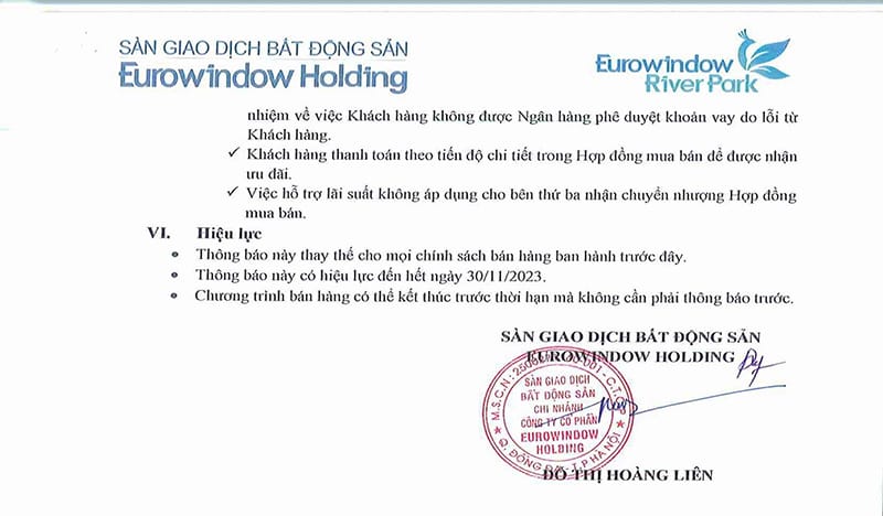 tiến độ thanh toán dự án Eurowindow River Park