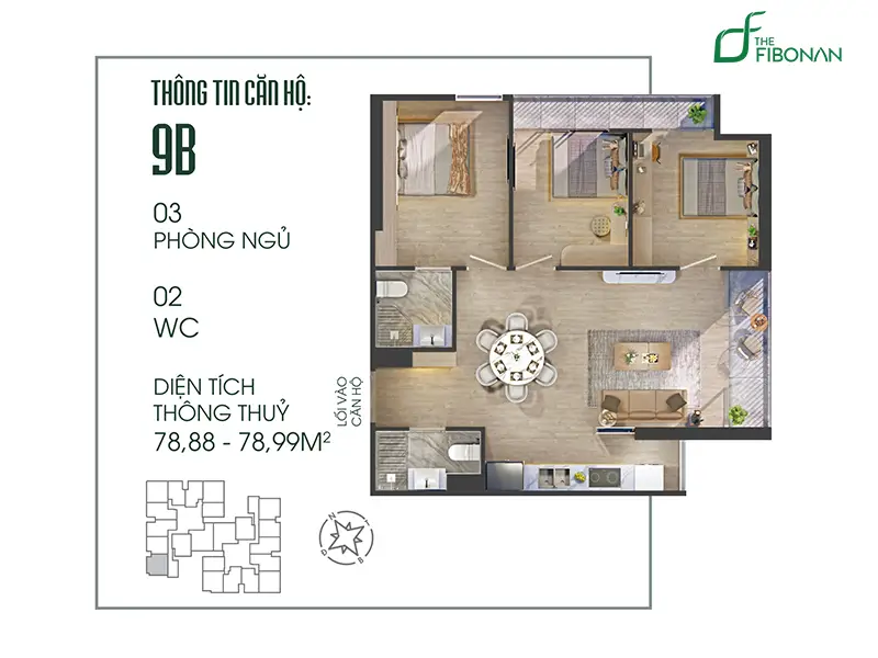 thiết kế căn hộ 3 phòng ngủ dự án The Fibonan Ecopark