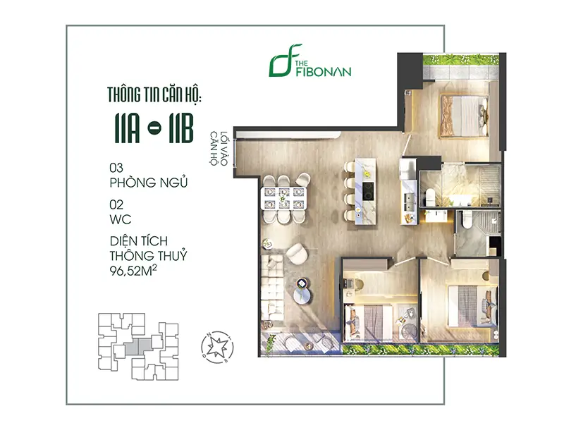 thiết kế căn hộ 3 phòng ngủ dự án The Fibonan Ecopark